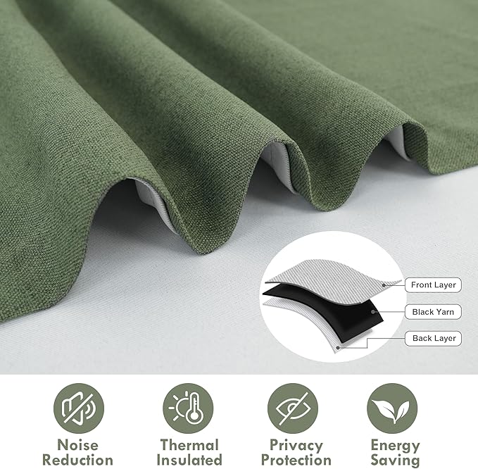 DriftAway Double Layer Linen Blackout Tie Up Curtains Thermal Insulated Fully Lined Balloon Roman Shade Bathroom Window Adjustable Rod Pocket for Small Window 39 Inch by 55 Inch Olive Green