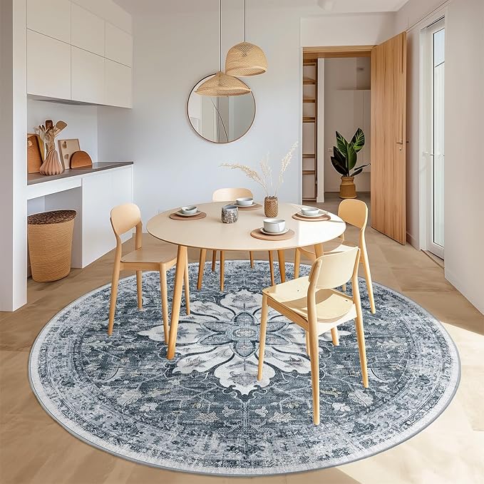 Area Rugs 8ft Washable Non-Slip, Floral Vintage Distress Print Pattern Medallion Carpet for Living Room Bedroom Dining Room, Light Gray Grey White