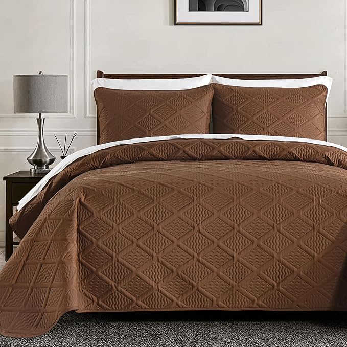 Yiran Brown Quilt Set Queen Size, 3 Piece Reversible Bedspreads Bedding Set, Winter Diamond Pattern Coverlet for All Season with 2 Pillow Shams (Full/Queen, 96x90 Inch)