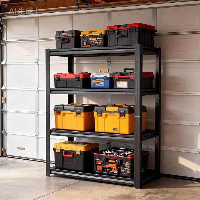 63''Storage Shelves, 4-Tier Garage Metal Shelving Unit, Adjustable, Double-Layer Column with Reinforced Ribs, Heavy-Duty, Capable of Bearing 2400 lbs Suitable for Garage, Warehouse, Kitchen Storage