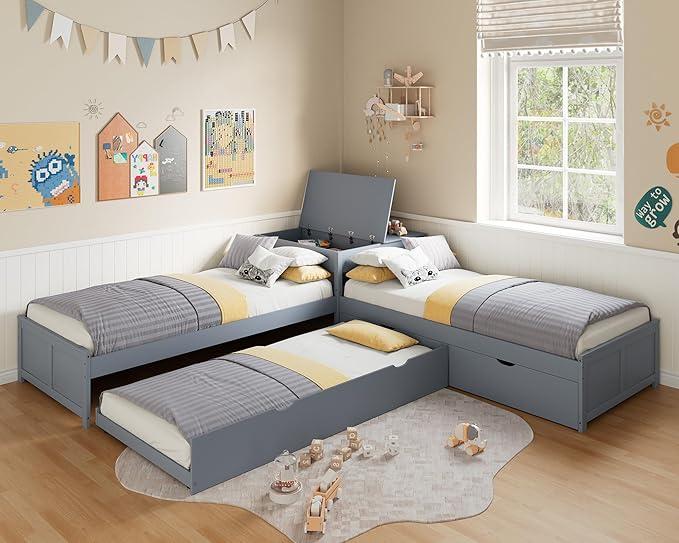 AMERLIFE L-Shaped Twin Trundle Bed with Flip-Top Storage Desk, Space-Saving Solid Wood Platform Bed Frame, Grey Finish, Multi-Functional Twin Bed for Kids and Families