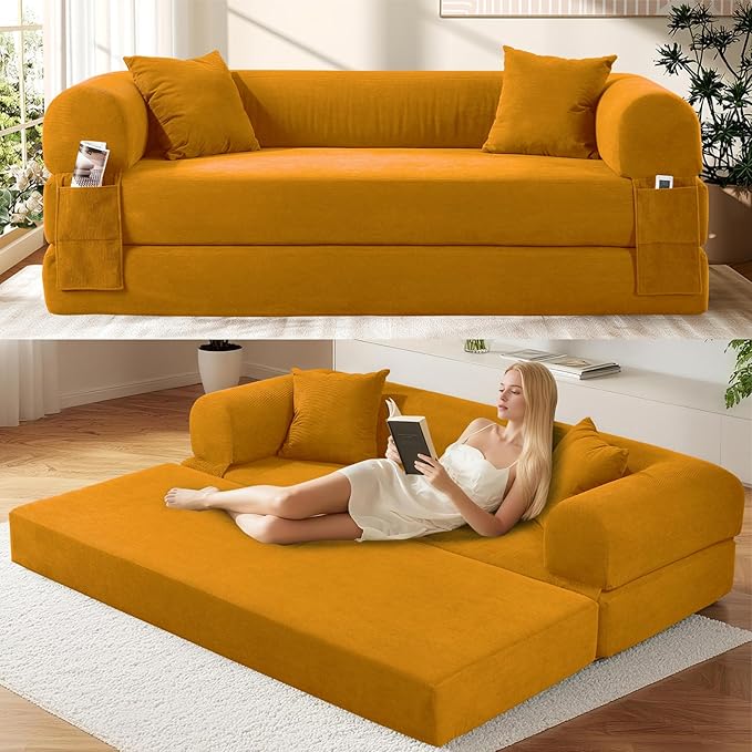 Convertible Futon Sofa Bed,80" Folding Pull Out Couch Bed with Storage,Queen Sleeper Sofa Bed,Compressed Couch in a Box,Corduroy Boneless Couches for Living Room,Yellow