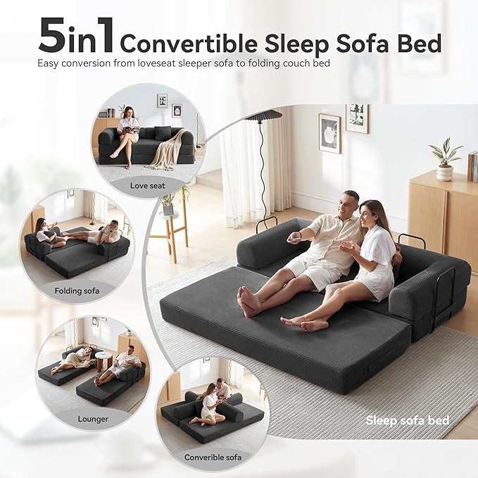 Convertible Sleeper Bed with 2 Cylindrical Pillow, Comfy Foldable Bed Compressed Sofa in Box, Floor Sofa Lounge Couch for Living Room Bedroom Lounge Studio, Tool-Free Assembly (Black)