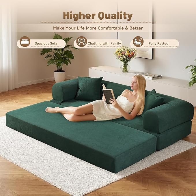 Convertible Sleeper Sofa Bed,80" Folding Sofa Bed Queen with Storage,Corduroy Pull Out Couch with Bed,Boneless Couches for Living Room,Compressed Couch in a Box,Deep Green