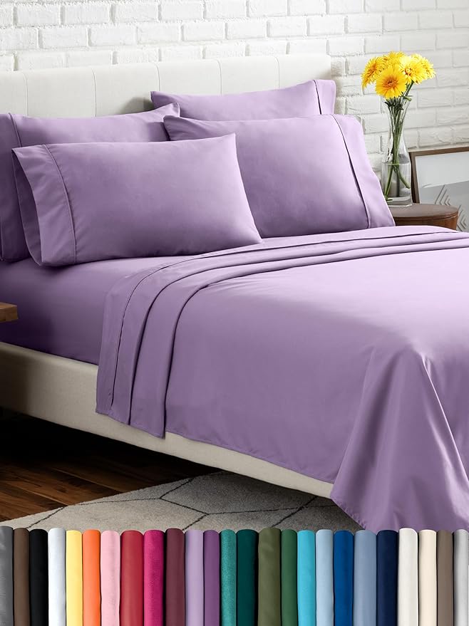 Bare Home Hotel Luxury Queen Sheet Set, Extra Soft - 6 Piece Set - Deep Pockets - Easy Fit - Cooling & Breathable - Wrinkle, Fade, Stain Resistant - Includes 4 Pillowcases (Queen, Lavender)