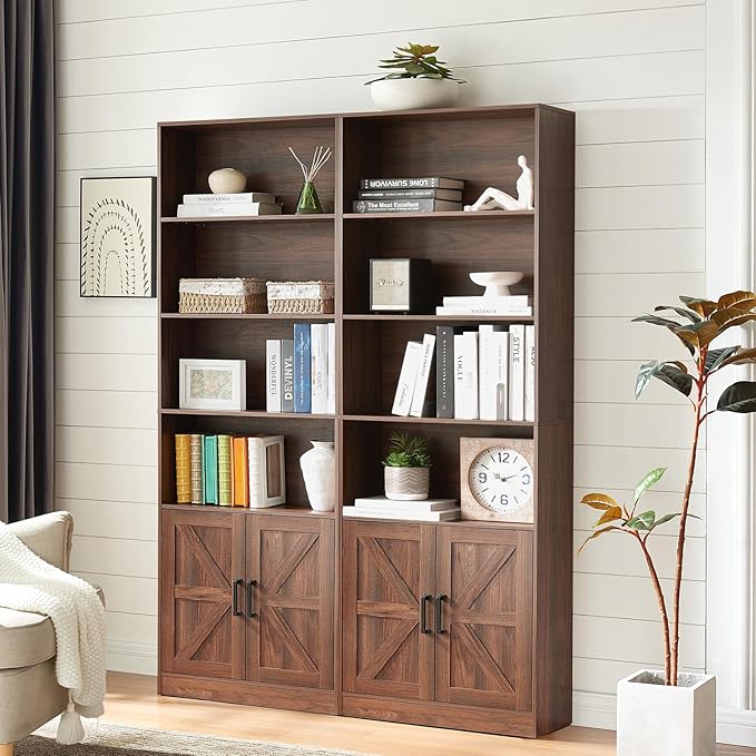 RWYHG 70in Tall Bookshelf 6 Tier Bookcase with Barn Doors and Adjustable Shelf, Brown Farmhouse Book Shelves with Storage Cabinet,Wood Floor Standing Display Bookshelve for Bedroom,Living Room,Kitchen
