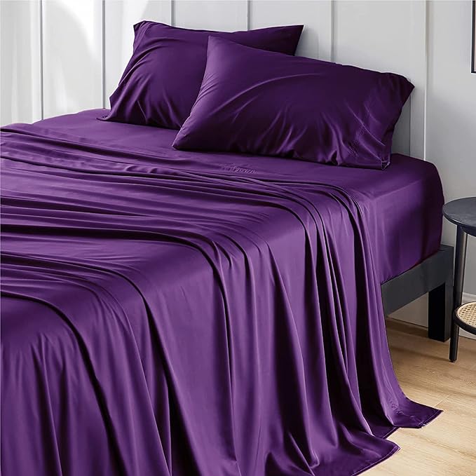 Bedsure Full Size Bed Sheets, Cooling Sheets, Rayon Derived from Bamboo, Breathable & Soft, Deep Pocket Up to 16 Inches, Hotel Luxury Silky Bedding for Hot Sleepers, Plum