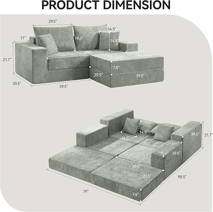 Boneless Sectional Loveseat Couch with Ottoman, Convertible Modular Floor Sleeper Sofa Bed, Comfy Foldable Compression Love Seat Sofa for Living Room, No Assembly, Green