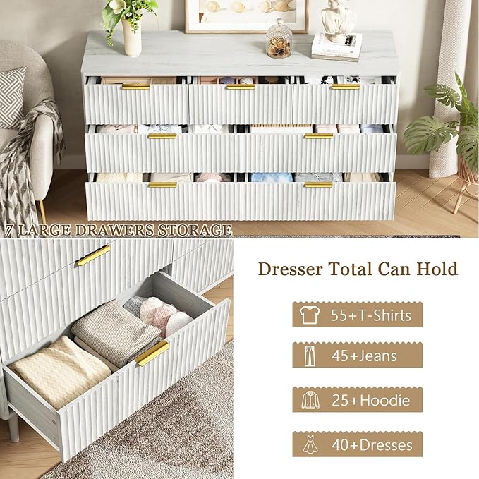 CARPETNAL Fluted 7 Drawer Dresser for Bedroom, 55" Wide Wooden Chest of Drawers with Rounded Corners, Gold Handles, Modern Storage Organizer for Bedroom, Hallway(White)