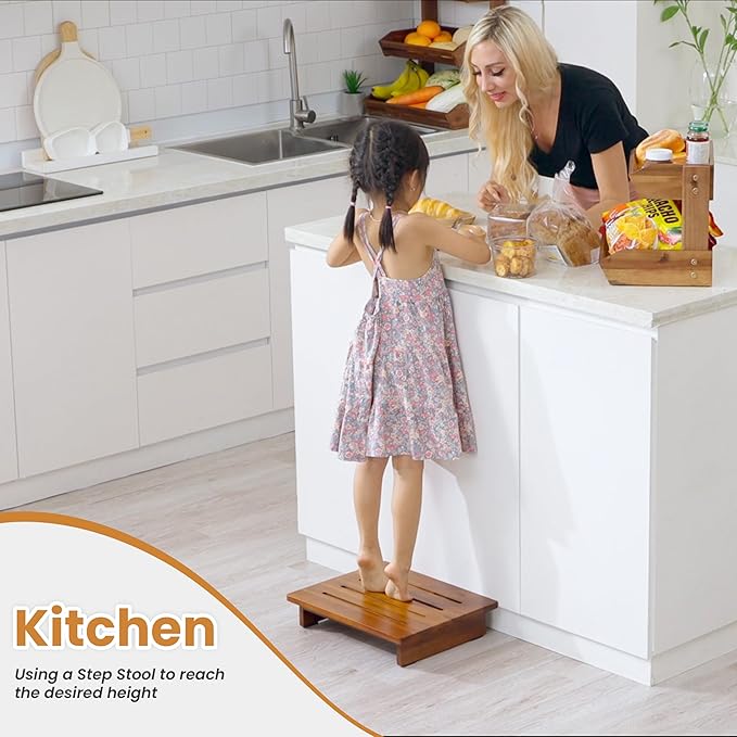 Holana 3.5in Height Wooden Step Stool for Adults (Fully Assembled) - 500 Lbs One Step Stools for High Bed Riser - Small Stepping Stool for Elderly, Seniors, Kid/Bathroom, Bed, Kitchen (Acacia Wood)