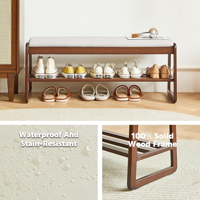 Solid Wood Shoe Bench, 2-Tier Wooden Storage Entryway Bench, Mid-Century Modern Shoe Bench Rack, End of Bed Bench with Faux Leather Cushion, Ottoman Bench for Hallway, Living Room (Cream Grey 31.5'')