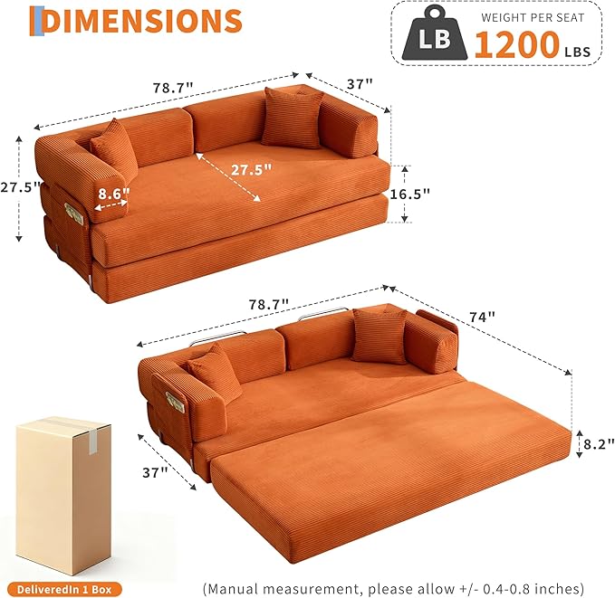 Garvee 5-in-1 Convertible Sofa Bed, 78.8" Modular Corduroy Sleeper with Sturdy Frame & No Assembly, Multi-Functional Futon for Small Space, Living Room & Guest Room (Orange)