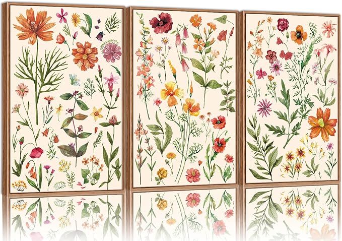 YeeHomedec Boho Wildflower Framed Canvas Wall Art, Colorful Vintage Floral Wall Decor, Watercolor Modern Flower Art Paintings, Neutral Botanical Picture Artwork for Girl Bedroom Living Room 16"x24"x3