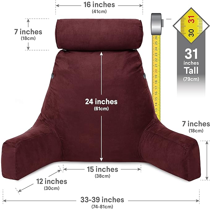 Husband Pillow XXL Aspen Edition, Adult Reading Sit Up Bed Rest Pillow for Bed with Arms & Neck Roll on Bungee Cord, Premium Memory Foam, Reversible 2 Sided Cover Micro Suede or Plush, Arizona Maroon