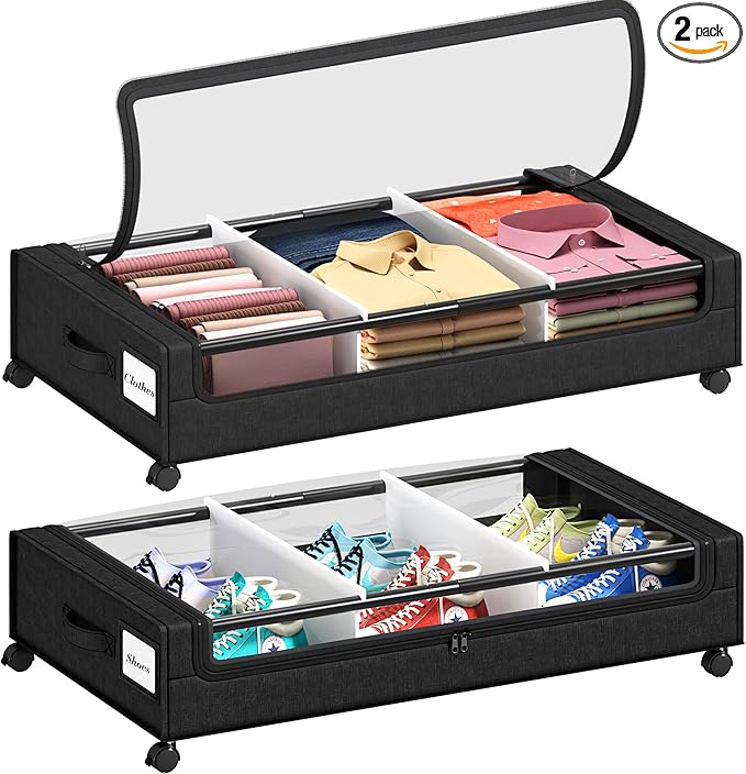 2 Pack Under Bed Storage with 4 Dividers, Large Under Bed Storage Containers with Wheels for Clothes, Shoes, XXL Rolling Underbed Storage Organizer Bins with Clear Lids and Handles