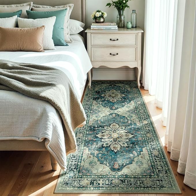 Area Rugs 3'x7' Washable Non-Slip, Floral Vintage Distress Print Pattern Medallion Carpet for Living Room Bedroom Dining Room, Dark Blue Vintage