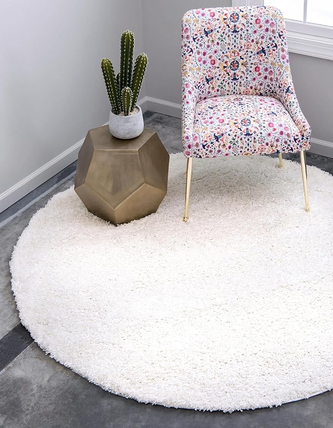 Unique Loom Solid Shag Collection Area Rug (7' 1" Round, Snow White)