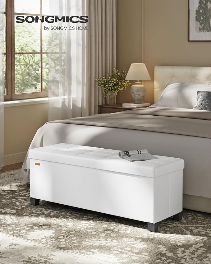SONGMICS Storage Ottoman, Storage Bench with Legs, 15 x 43.3 x 15.7 Inches, Ottoman Bench, 30 Gal. (112 L), Synthetic Leather, for Living Room, Entryway, Cloud White ULSF0514W02