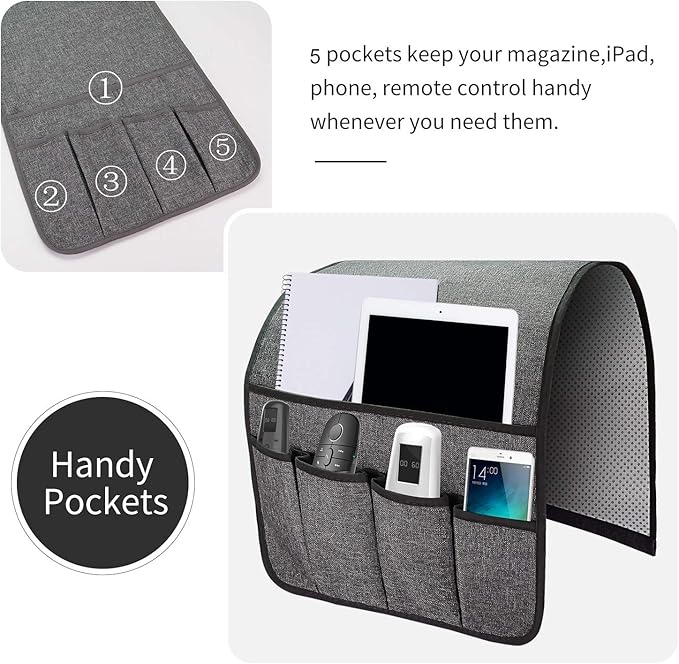 SYSOV Sofa Armrest Organizer, Remote Control Holder for Recliner Couch, Arm Chair Caddy with 5 Pockets for Magazine, Tablet, Phone, iPad