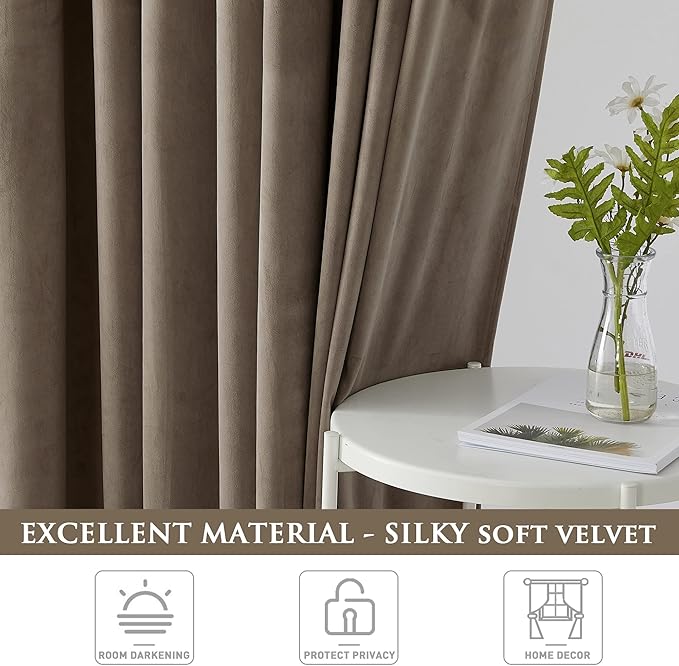 StangH Taupe Velvet Curtains 108 inches Long, Luxury Home Decoration Thermal Insulated Privacy Window Drapes for Bedroom Sliding Door, W52 x L108, 2 Panels