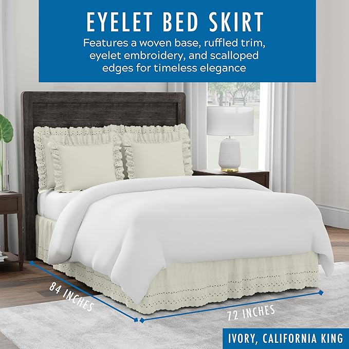 Fresh Ideas Eyelet Bed Skirt, Ruffled Design, 14 Inch Drop, Embroidered Scalloped Edge, California King, Ivory