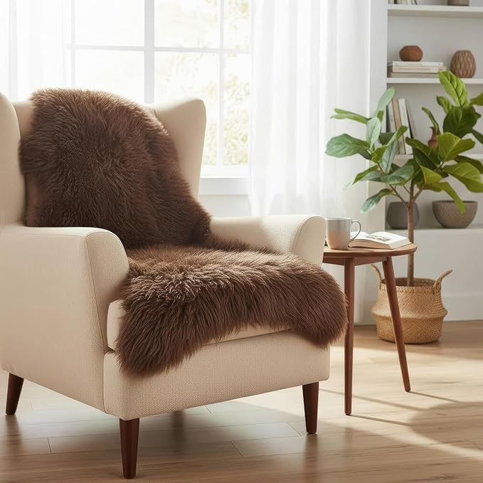 Genuine Dark Brown Sheepskin Rug 2x3 ft, Real Fluffy Single Pelt Fur Accent Rug for Chair, Seat Cover, Nursery & Home Decor, Natural & Soft Shaggy Throw