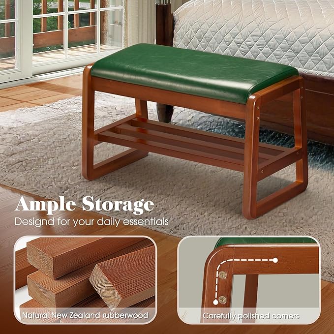 HABUTWAY Solid Wood Shoe Rack, Entryway Shoe Bench with Cushion, 2 Tier Shoes Organizer for Entryway, Hallway, Living Room-(Green,21.65"-S)