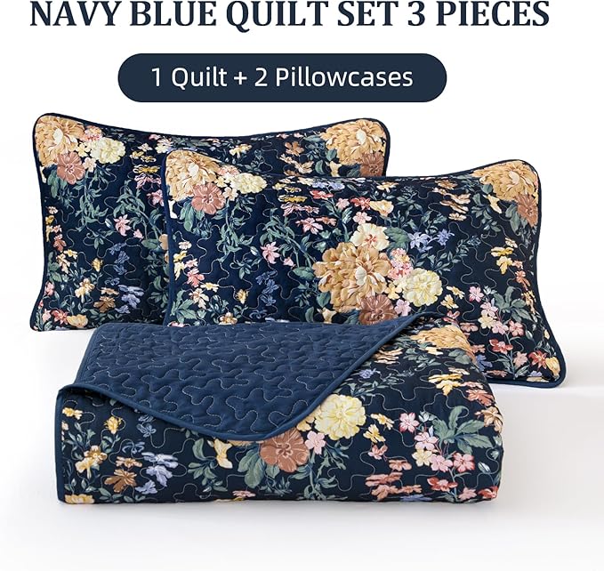 WONGS BEDDING Quilt Queen Size, Navy Blue Quilt Bedding Set with 2 Pillowcases, Botanical Quilt for Queen Bed, Soft Microfiber Lightweight Coverlet Bedspread for All Season (96"×90", 3 Pieces)
