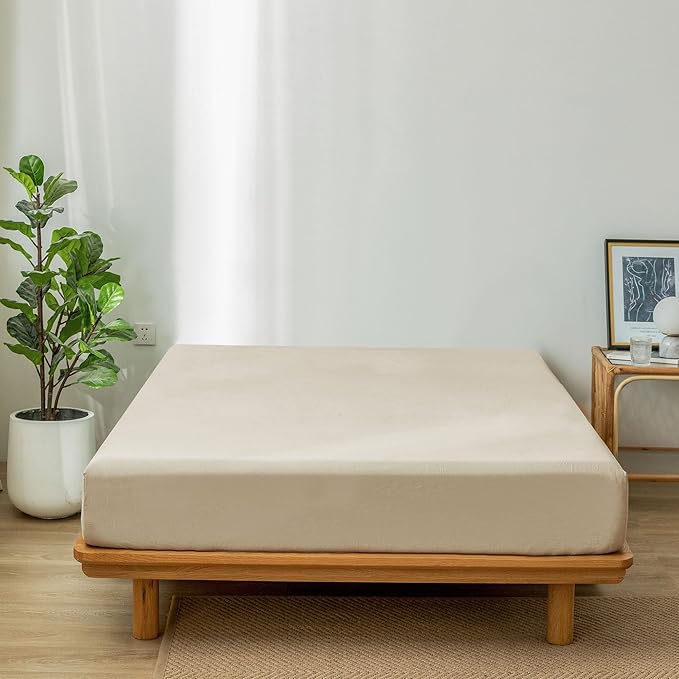 MooMee Fitted Bottom Sheet Only 100% Washed Cotton Linen Like Textured Breathable Durable Soft Comfy Deep Pocket Fits Mattress up to 17" (Almond Milk Grey, King)
