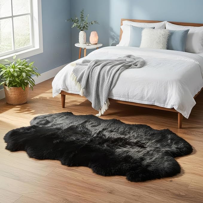 Black Sheepskin Rug 4x6 ft, Genuine Quad Pelt Fluffy Fur Area Rug for Living Room, Bed & Home Decor, Natural Sheepskin Throw