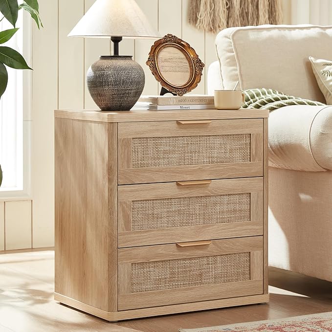 LEYAOYAO Rattan Night Stand Set of 2 with Drawers, 23" Large 3 Drawer Boho Nightstand, Natural Wood Bedside Table Storage Cabinet, Bed Side End Tables Dresser for Bedroom, Living Room, Hallway, Closet
