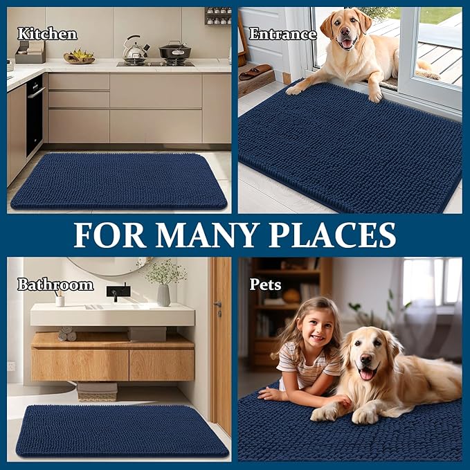 OLANLY Dog Door Mat for Muddy Paws 36x24, Absorbs Moisture and Dirt, Absorbent Non-Slip Washable Doormat, Quick Dry Chenille Mud Mat for Dogs, Entry Indoor Entryway Carpet for Inside Floor, Dark Blue