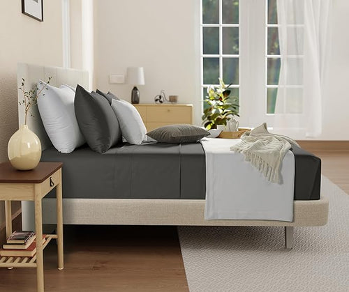 100% Organic Cotton Twin Sheets Set, 300TC Sateen Weave 3 PC Twin Bed Sheets, Fully Elasticated Sheet & Pillowcase Sets, Soft & Comfy No Lint Machine Washable Grey Sheet, Fade Resistant – Charcoal
