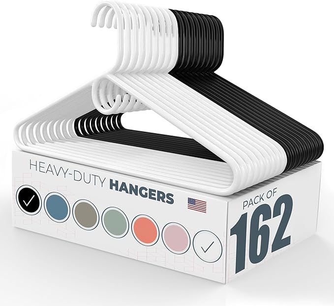 Neaties Heavy Duty Clothes Hangers 100+ Pack (162 Count) – Made in The USA – 8lb Capacity Plastic Hangers for Adult Clothing – Durable for Pants, Coats, Jackets, or Jeans – White & Black