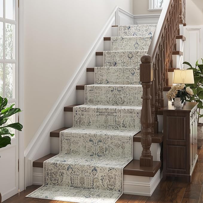 jinchan Runner Rug 2x8 Washable Hallway Rug Vintage Indoor Thin Retro Floor Cover Distressed Floral Country Lightweight Non Slip Carpet for Entryway Bathroom Kitchen Bedroom Living Room Stairway Blue