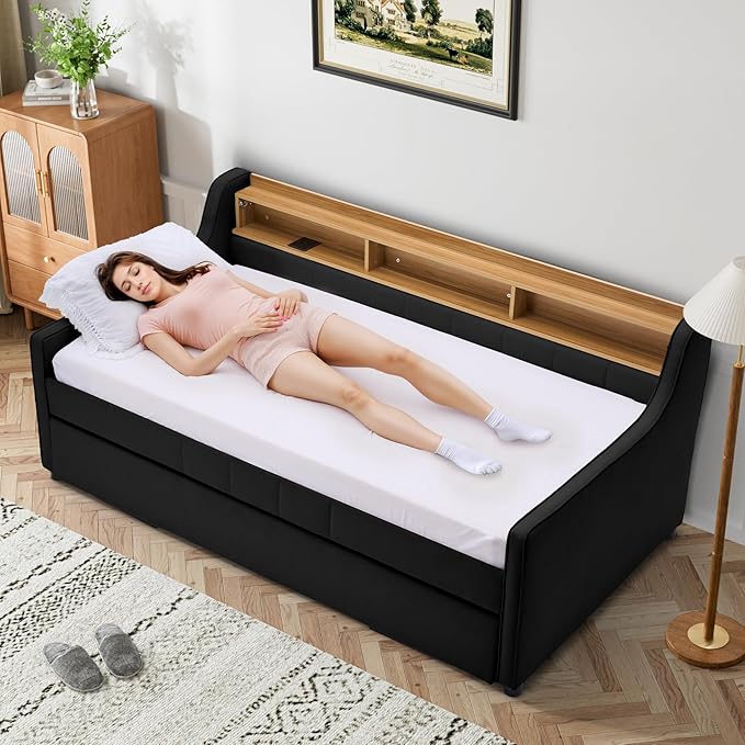 Twin Size Daybed with Pop Up Trundle Bed, Linen Fabric Upholstered Day Bed Frame with w/LED/USB/Type C/Storage Headboard, Twin to King Daybed for Living Room Bedroom, No Box Spring Needed, Black