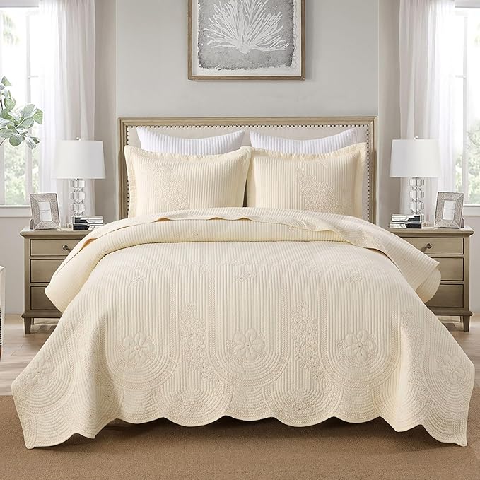 MarCielo 100% Cotton Quilt Set Lightweight Bedspread with Scalloped Edge, Farmhouse Vintage Bedding, All Season Use(Tu Beige,King (112"x102"))