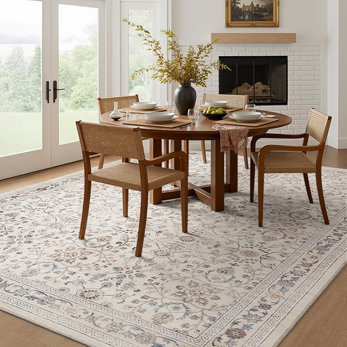 MontVoo-Vintage Area Rug 8X10 Beige for Living Room - Soft Distressed Printed Carpet for Bedroom - Non Slip, Machine Washable for Dining Room, Bedside, Office