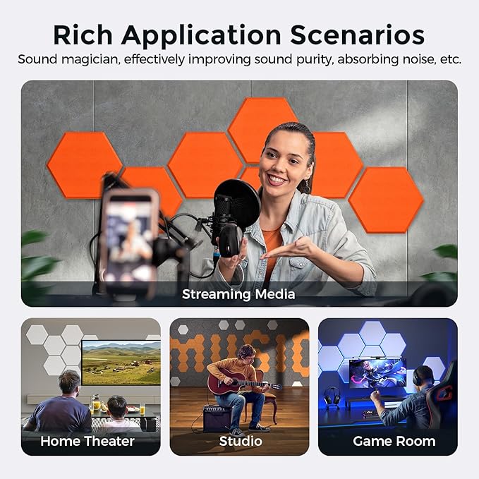 Self-Adhesive Acoustic Panels [390 lbs/yd³ Ultra-High Density], 2nd Generation Sound Absorbing Panel, Professional Level Sound Panel, Polyester Soundproof Foam [Size L, Orange]