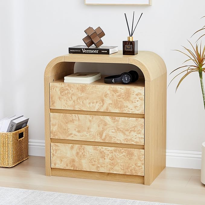3 Drawer Dresser for Bedroom, Modern Chest of Drawers with Open Shelf, Burl Wood Tall Nightstand End Table for Living Room, Hallway (Natural)