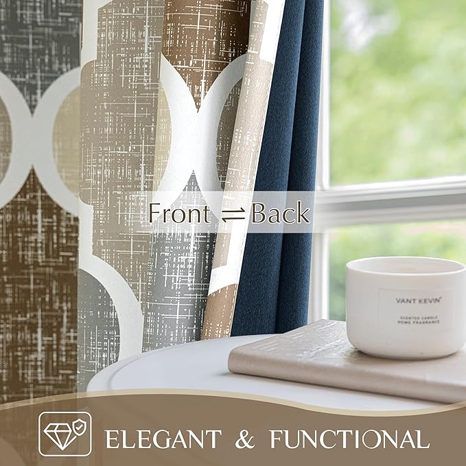 Beauoop 100% Blackout Curtains 72 Inches Long 2 Panels for Bedroom Living Room Brown Grey Moroccan Geo Room Darkening Thermal Insulated Soundproof Grommet Top Window Treatments Drapes, 50x72 Set of 2