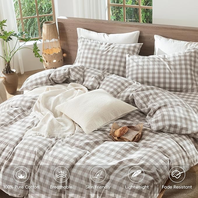 MooMee Gingham Duvet Cover Set 100% Washed Cotton Linen Like Textured Breathable Durable Soft Comfy Modern Checkered Design (Buffalo Plaid Tannish Linen Grey, Full 80"x90")