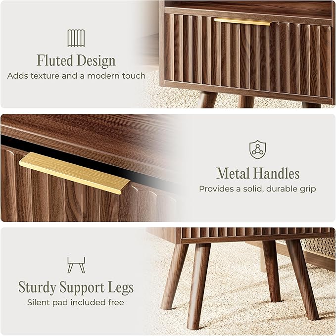 Huuger Nightstand with Charging Station, USB-C Port, Fluted Night Stand Set of 2, Bed Side Table with Drawer, Solid Wood Feet, Open Storage, End Table with Raised Edge, for Bedroom, Walnut