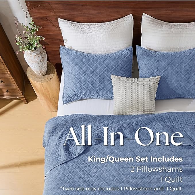DOWN HOME Twin Quilt Set with Sham Lightweight Quilted Bedspread Coverlet Thin Comforter Bed Cover Vintage Washed Quilted Blanket for All Season, Brushed Microfiber Diamond Stitching, Blue, 66"x92"