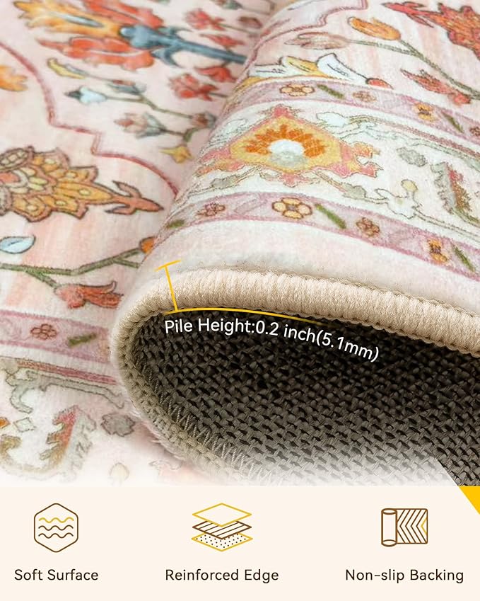Area Rugs 3'x5' Washable Non-Slip, Floral Vintage Distress Print Pattern Medallion Carpet for Living Room Bedroom Dining Room, Light Pink Colorful