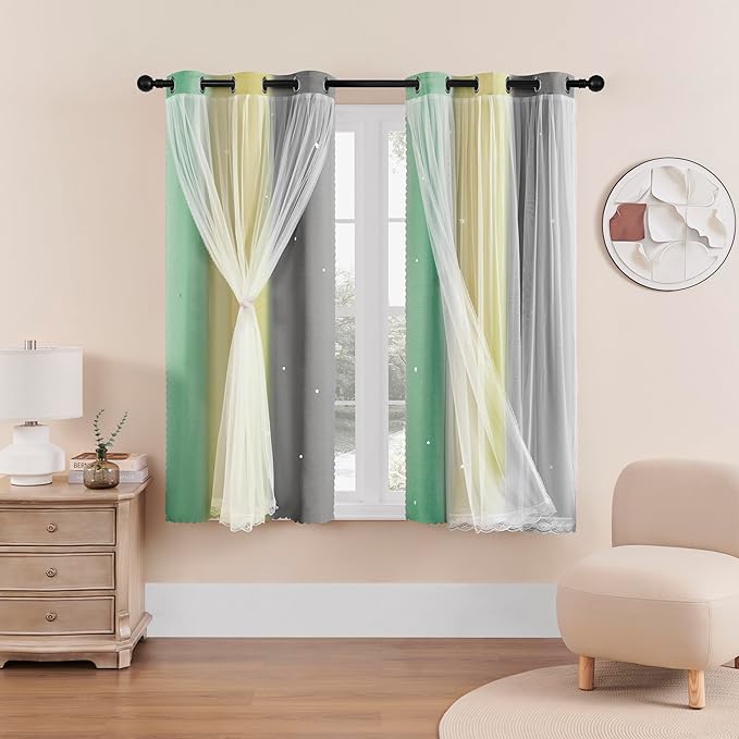 XiDi Curtains for Bedroom Decor, Rainbow GreenYellowGrey34/54/1