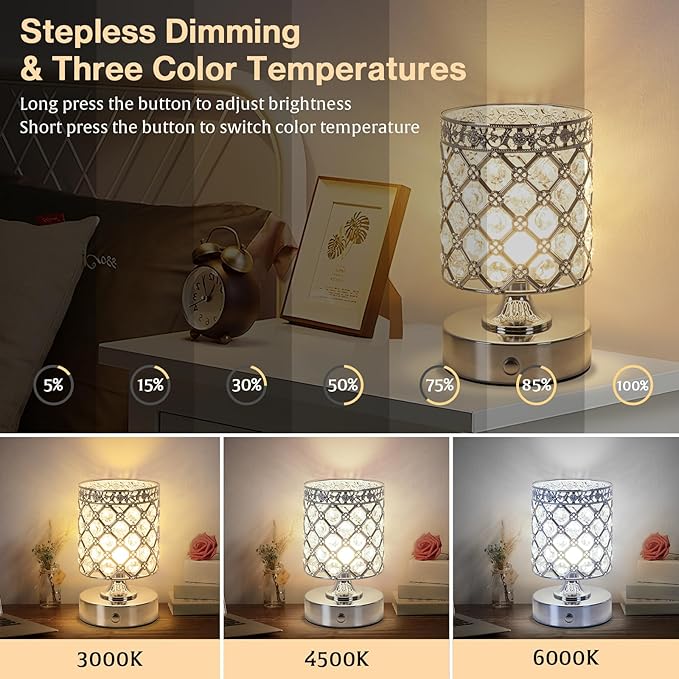 TOBUSA 6000mAh Crystal Battery Operated Lamp, Silver Modern Cordless Table Lamp Rechargeable, Portable Bedside Touch Small Desk Lamp 3000K-4500K-6000K, Stepless Dimmable Wireless LED Night Light