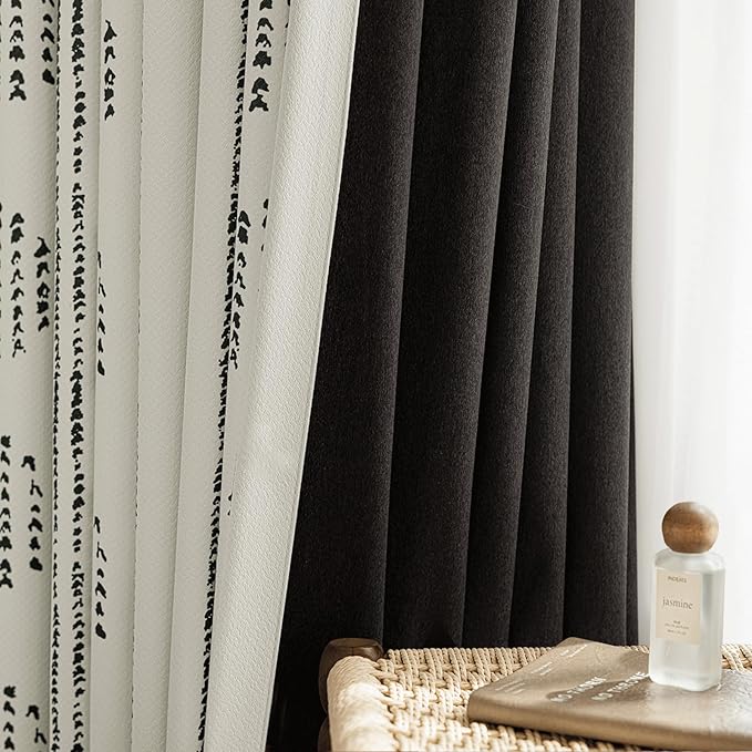 100% Boho Blackout Curtains 72 Inches Long for Bedroom, Black on Beige Patterned Bohemian Curtains for Living Room, Geometric Striped Thermal Insulated Window Drapes Gromment Top 2 Panels