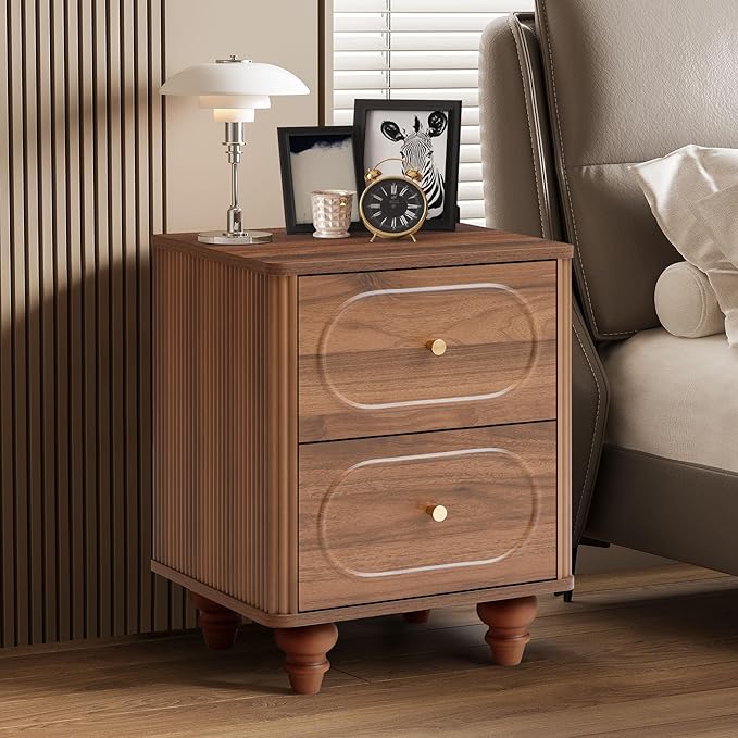 ORRD 2 Drawer Fluted Mini Small Dresser for Bedroom Set of 2, Mid Century Modern Nightstand Bedside End Table, Wood Storage Dresser Organizer for Bedroom Living Room, Walnut