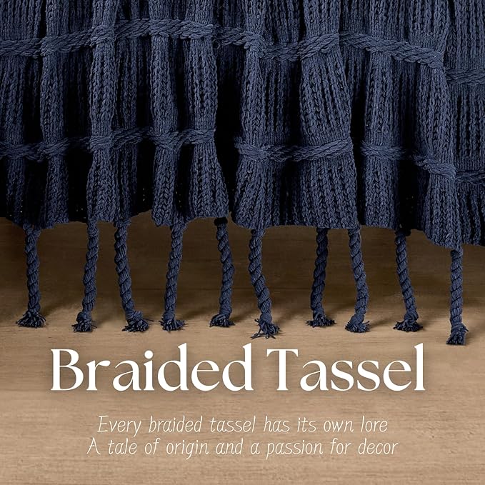 Boho Knitted Chenille Blanket with Tassels - Lightweight & Soft All-Season Throw - 3D Classic Pattern for Living Room Bedroom Couch, Royal Blue, Queen 90"x90"